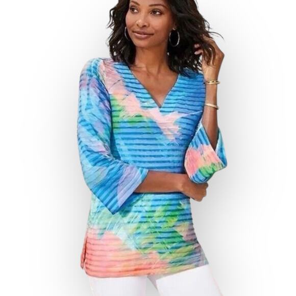 Soft Surroundings Banded Tunic Top L Multi Colored Tropical Print 3/4 Sleeve - Picture 1 of 11